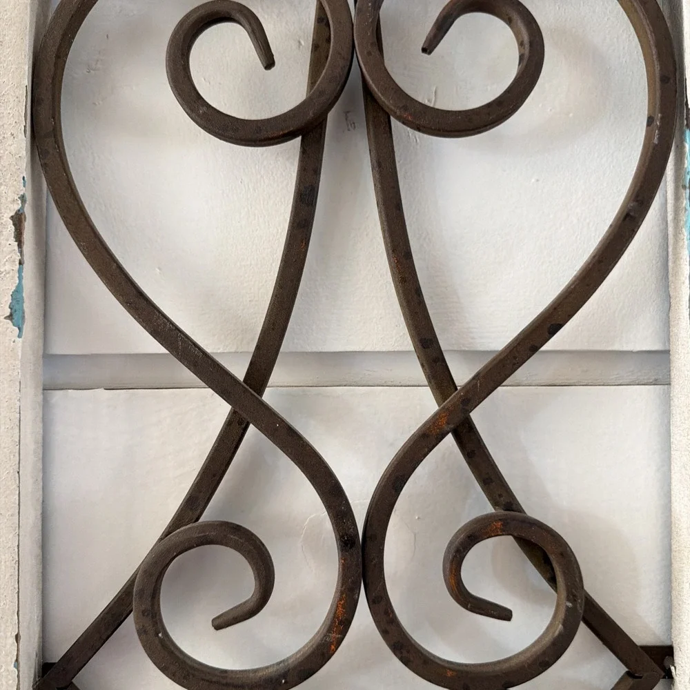 Rustic Farmhouse Wood Frame Wall Decor Metal Scroll Window Candle Or Plant Hold